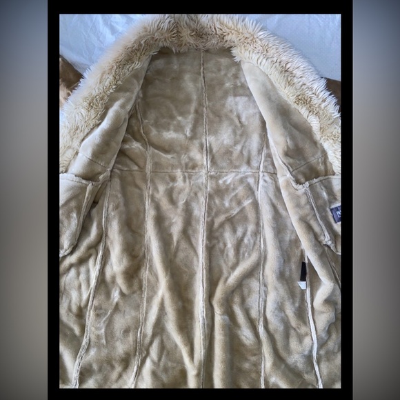 Vintage 90s Y2K Wilsons Leather Tan Faux Fur Trim Long Penny Lane Coat Size XL - Picture 5 of 14